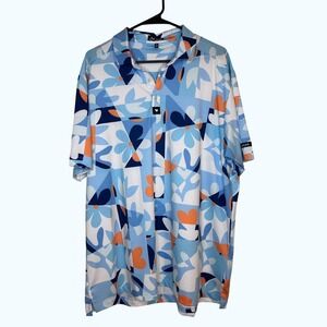 Bad Birdie Mens Golf Polo Shirt Abstract Floral Print Blue‎ Short Sleeve 2XL
